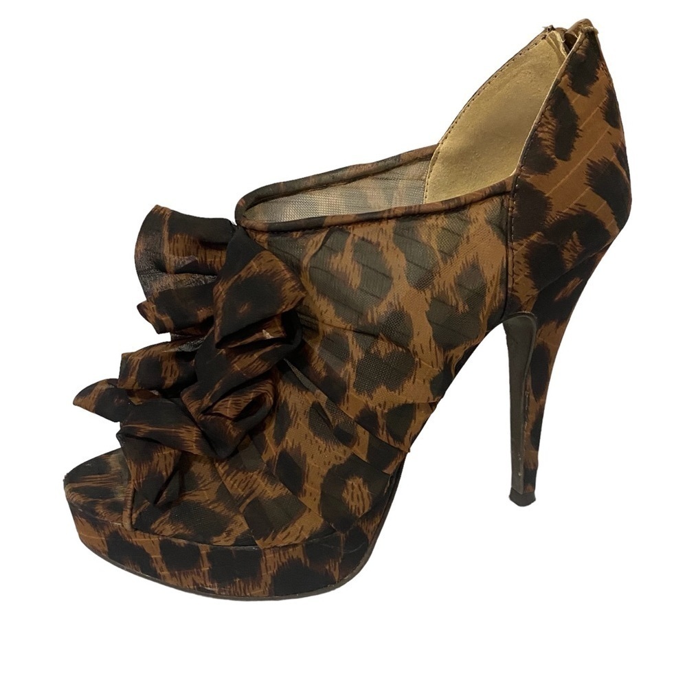 Nine West O-High Street X5 Leopard Ruffle Mesh Back Zip High Heels Stilettos 8
